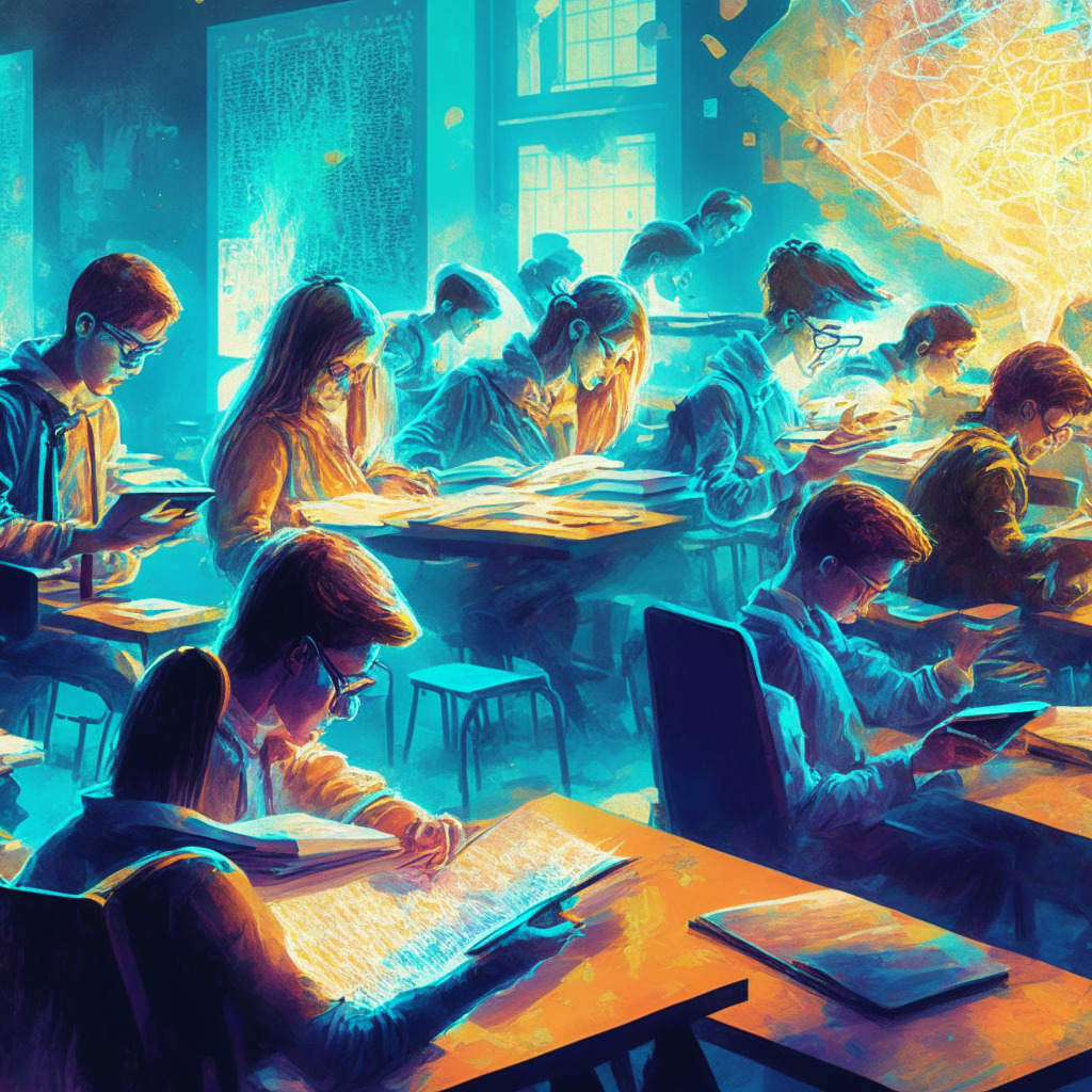 A vibrant, post-impressionistic depiction of a digital classroom. The scene holds an aura of enlightenment under warm, ambient light. Students are engrossed in cryptology books, while charts of fluctuating markets appear holographically. The image shows passionate learning, but also uncertainty, indicating the market's volatile nature.