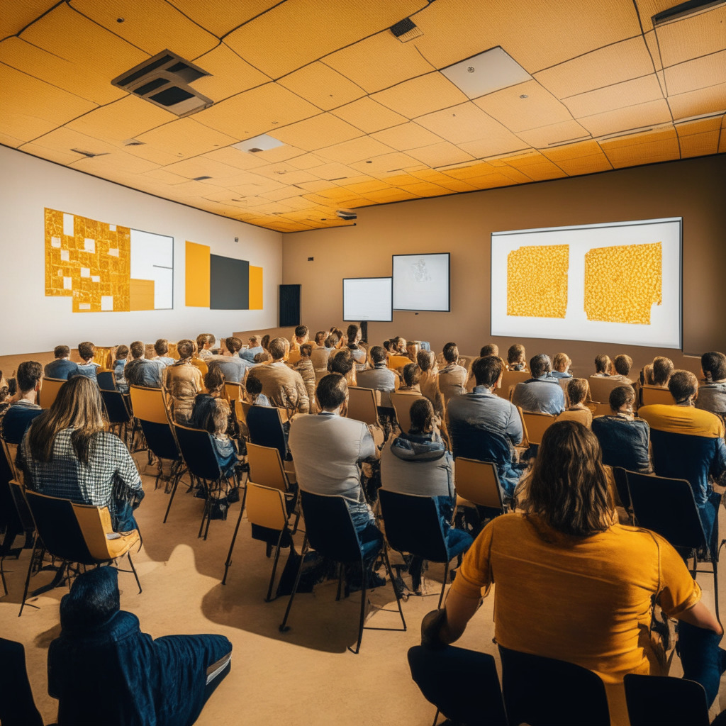 A sunlit lecture hall with a modern, abstract canvas art style, representing a crypto-education initiative in Australia. The mood is focused yet anticipative. People of various ages are intently learning with tablets, using a cryptocurrency app. The room's one wall features an outlined map of Australia, crates of Bitcoins are stacked neatly. A scale balances a wheat sheaf and a cloud marked 'hype', symbolising the need for discernment.