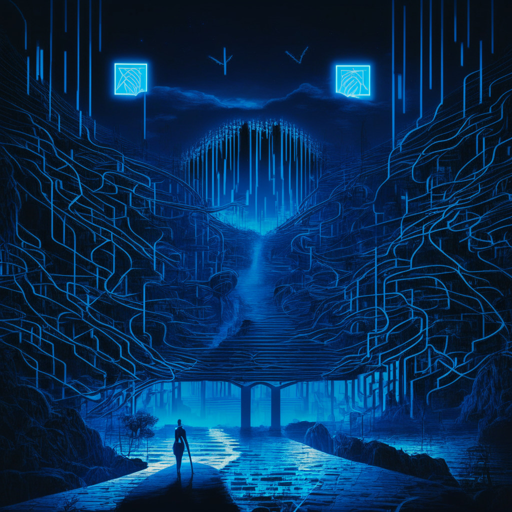 A moonlit digital landscape, a prominent blockchain bridge illuminated with neon blue, symbolizing the Connext Network. In shadows, a figure manipulating hundreds of wallets conjuring an aura of anomalies, signifying a sybil attack. An atmosphere of suspense and a chiaroscuro style captures the tension between security and convenience.