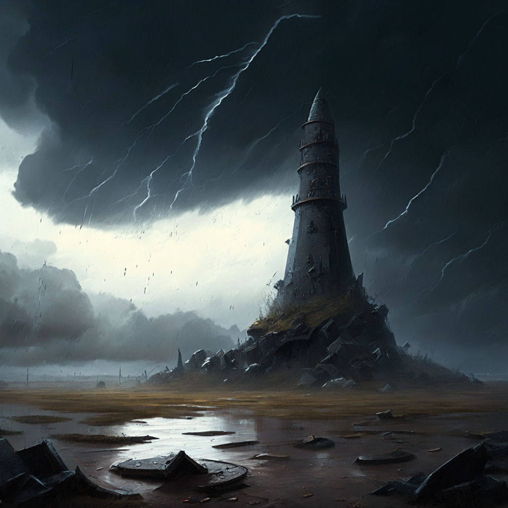 An uneasy, chilly landscape illustrating the sudden crash of a once-thriving marketplace. In the foreground, a tower representing the Synapse token collapses, high-volume coins pouring from its top. The background is filled with a dark, tempestuous sky reflecting anxiety and surprise, the sun barely poking through ominous storm clouds, as a high number of traders hastily depart. In a corner, a shadowy figure representing the anonymous liquidity provider withdraws a huge sack of stablecoin liquidity. The image, painted in a neo-expressionist style, captures the mood of suspicion and betrayal, color palette muted and cool to reflect the atmosphere of broken trust and uncertainty.
