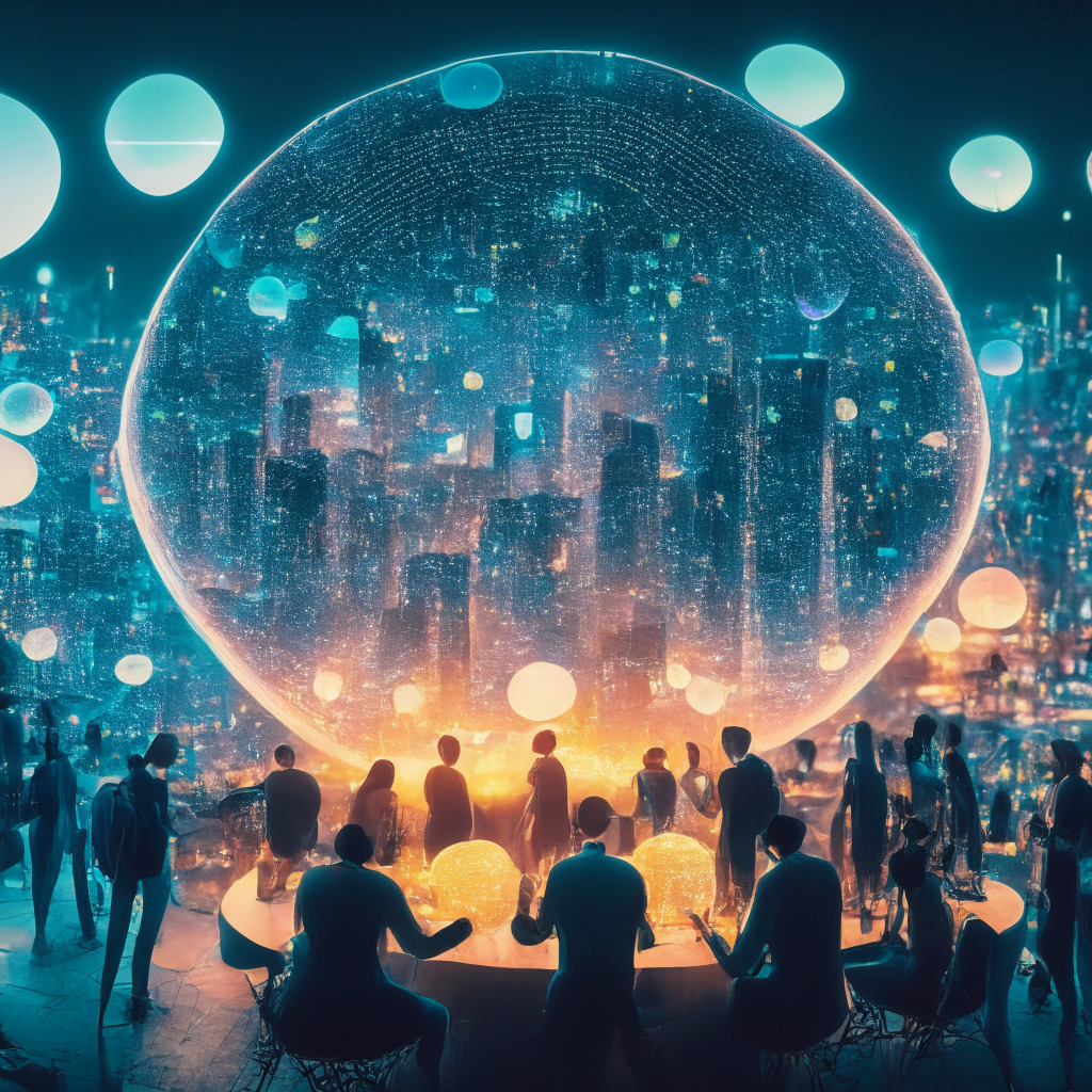 A panorama of Taiwan's cityscape at twilight, bathed in the ethereal glow of soft neon lights. Visible are diverse, bustling groups of individuals, each holding a translucent, glowing orb symbolizing digital assets. A large, communal table is in the foreground, representing a collaborative effort of various stakeholders. Throughout the scene, waves referencing blockchain code symbolize the 'turbulent crypto seas.' The image is in a futuristic, cyberpunk style, underlining the adaptability and dynamism of the crypto-industry. The mood is hopeful yet defiant, reflecting the undercurrent of challenges and regulatory uncertainties.
