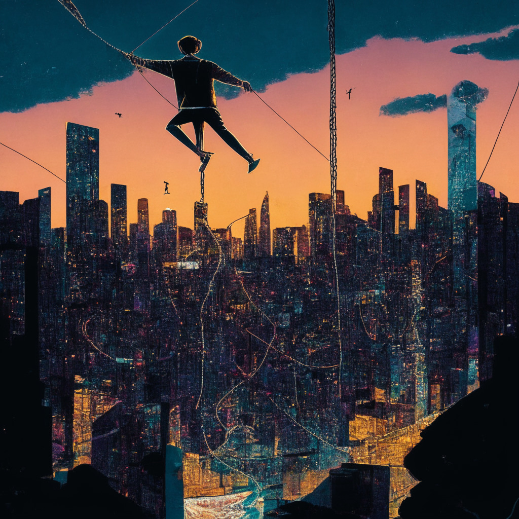 A tightrope walker skillfully balancing in a high-wired, precarious world of bitcoins, lit by twilight hues, representing regulatory tensions in Taiwan's crypto space. The atmosphere is pensive, Taiwan's cityscape in the backdrop, encapsulating the conflict between safeguarding interests and fostering innovation.
