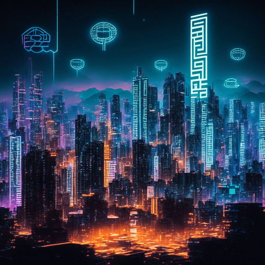 A modern Taiwanese cityscape with cryptocurrency symbols adorning the skyline, reflecting an atmosphere of strict regulation in a futuristic style. The neon lights emit a strong sense of security, trust, and transparency. The sky is dusky, hinting at the close of loopholes and enlightening the firms with strict rules. A visible divide in the city shows clear segregation of company assets from customer assets. Mood of the image is serious, solemn, and thought-provoking.
