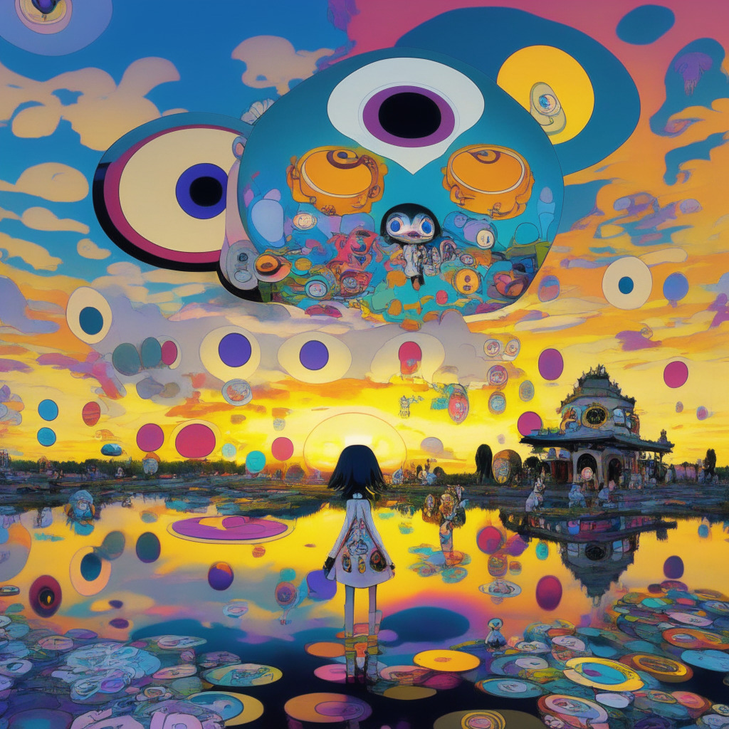 A vibrant, digital landscape at dusk, reflecting Takashi Murakami's pop-art style, featuring surreal, anime-inspired characters interacting with and reflecting on NFT tokens. The atmosphere is fraught with tension but also hope, mirroring the volatility and exciting possibilities of the crypto markets. In the background, a museum representing tradition and the embrace of novel forms.