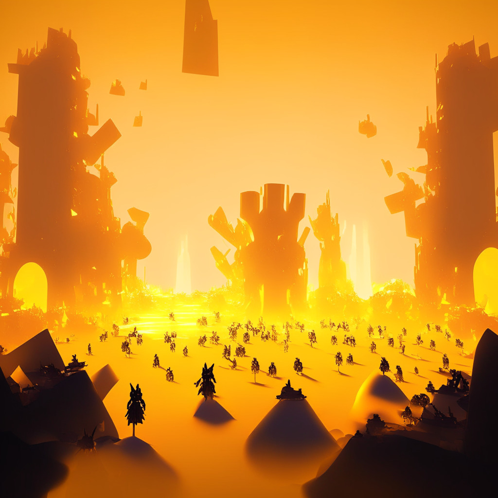 A futuristic gaming landscape bathed in soft, golden light, representing the optimism of Tamadoge's Web3 gaming expansion. In the vivid, 3D rendered foreground, NFTs in three ascending tiers – depicted as unique digital artifacts. Background shows the silhouette of a crowd, symbolizing the broad community, while the particles represent the 'burn' program. Subdued shadows cast a cautionary note, acknowledging potential risks.”