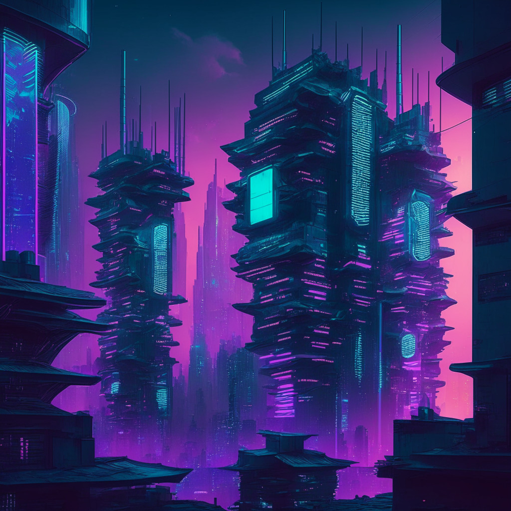 High-tech futuristic urban landscape at dusk in China, with elements of cyberpunk aesthetic. Buildings tinted in neon blues and purples, digital holograms of money swirling. A digital currency themed kaleidoscope on city walls reflecting interoperability. Mood is expectant, mysterious.