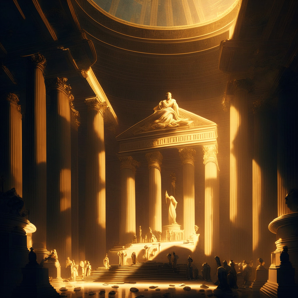 An allegorical tableau bathed in the soft glow of dawn, representing Tether's ascent in the financial world. The scene unfolds in an imposing, classical banking hall. In the foreground, a robust crypto coin, USDT, scales a towering stack of US Treasury bills, symbolising its increasing significance. In the semi-darkness, gold, representing China's shift in investment, glimmers subtly. The mood balances optimism with a hint of caution, reflecting the challenges and risks coupled with growth.