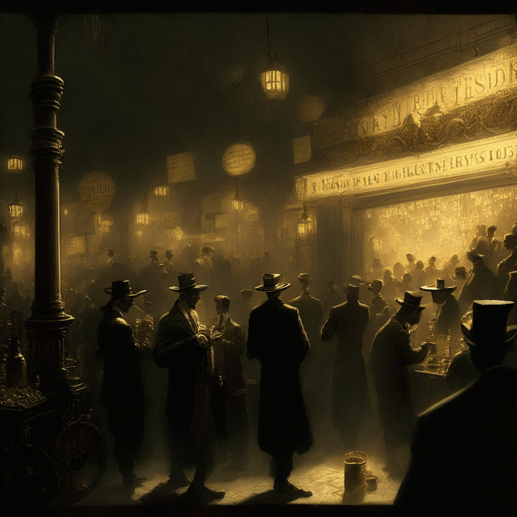 A dimly lit, chiaroscuro style scene of vintage Wall Street, bustling with traders and brimming with obscure shadowy figures. In the forefront, a golden, intricately ornate piece of currency, inscribed 'tether', faintly floating. Each character and item subtly depicts an atmosphere of mystery, risk and uncertainty, hinted by intricate, surrealist art elements.