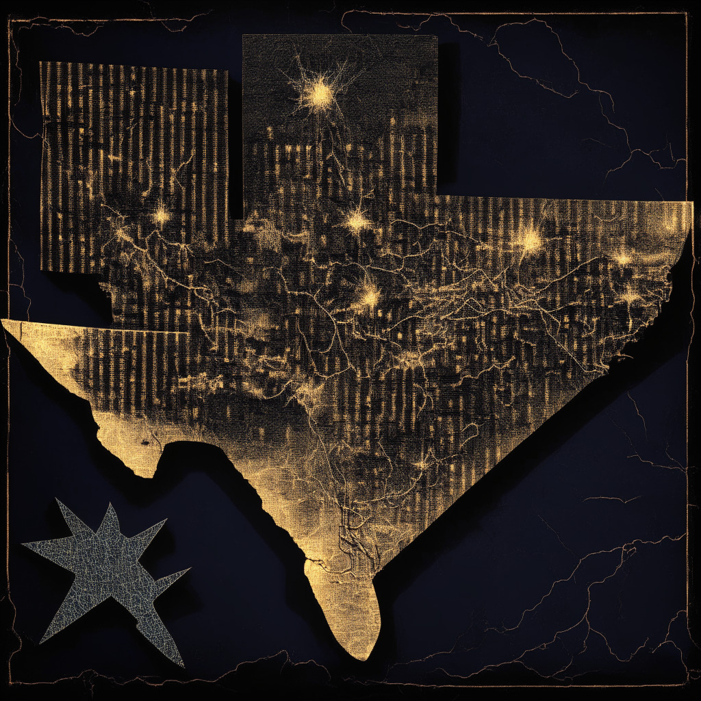 Abstract conceptualization of Texas with crypto-mining infrastructure, dominance depicted by a larger scale, a faded map glows with 28.50% brightness symbolizing Texas' hashrate, shadows highlighting other states diminishing presence, subtle vintage artistic style, twilight inspired lighting, mood of dramatic shift and disruption.
