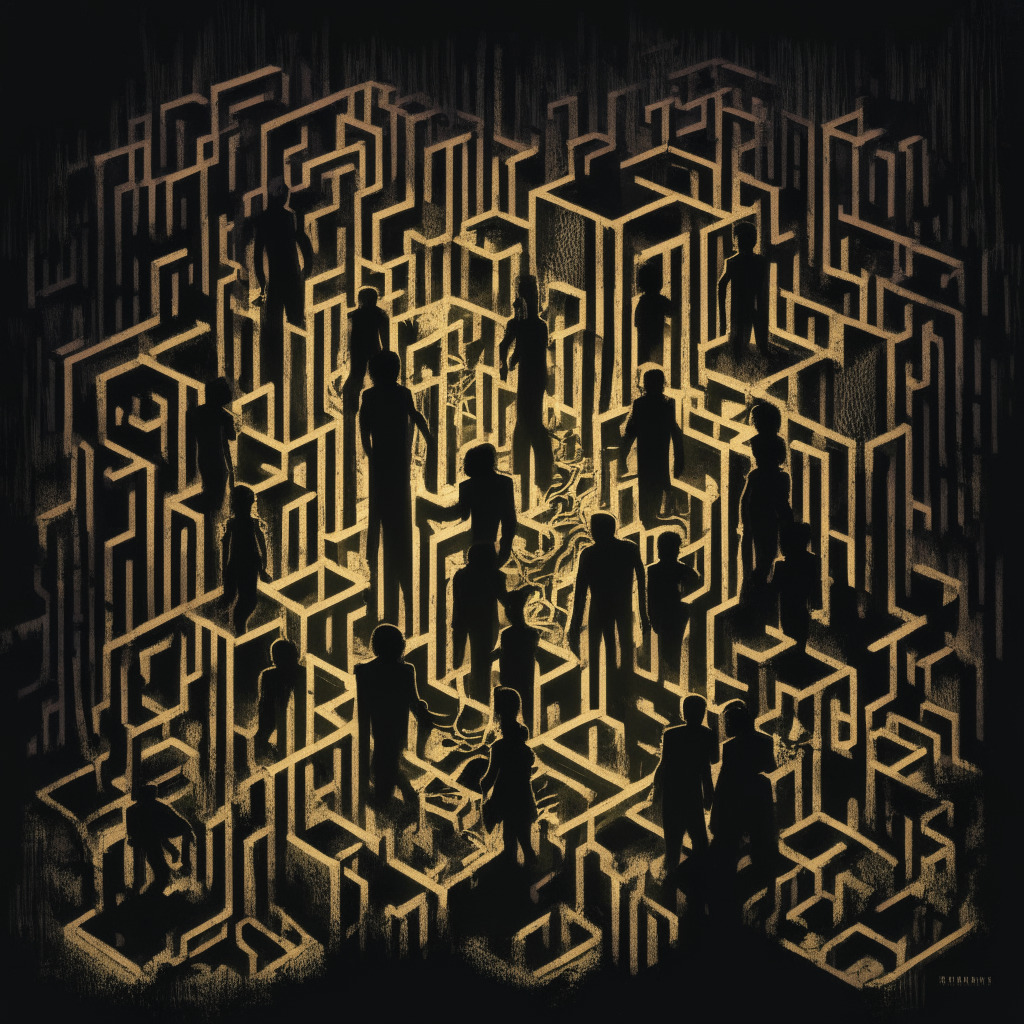 A dark, intricate blockchain labyrinth representing confusion in regulations, cast under shadowy noir lighting, imbued with a tense atmosphere. In the foreground, five silhouettes representing arrested individuals, a radiant backdrop suggestive of swift, decisive actions taken by Thai authorities. A broken pot spilling coins symbolizing duped investors, painted in a cubist style to convey financial damage.