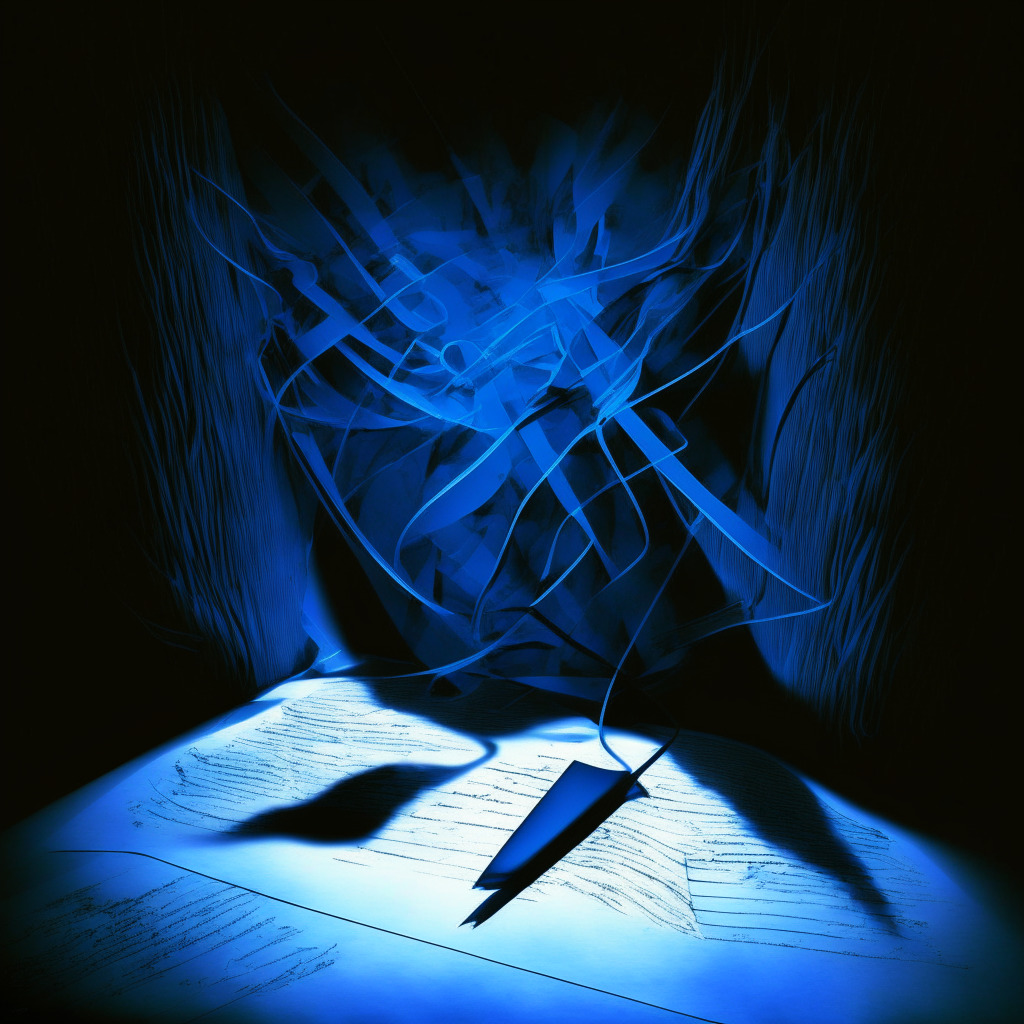 An abstract representation of two intertwined entities, rendered in a chiaroscuro style to symbolize their struggle. Cold blues should permeate the overarching scene, conveying the ambiguity and adversity present in the realm of crypto regulations. Shadows of legal documents float ominously, underscoring the mood of a fraught legal battle. A faint beam of light reflects off a resolved knot at the center, symbolizing a costly yet equitable solution finally reached. In the background, subtle architecture elements, reminiscent of a courtroom and mining site blend together, referencing the critical balance between financial stability, regulatory compliance, and operational continuity. Mood should be somber yet hopeful.