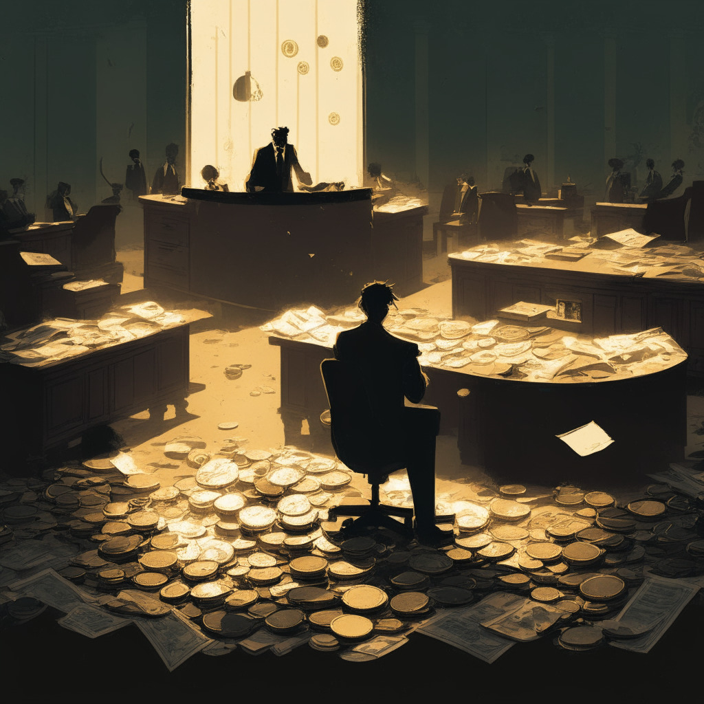 Dusk-lit courtroom with scattered golden coins, symbolizing drained digital assets, documents strewn in chaotic fashion implying longer drafting processes, shadowy figures of lawyers, accountants, and consultants representing excessive legal costs. In the middle, a small youthful figure representing a distressed investor, looking lost amid the financial chaos, expresses the somber mood of the image. The background highlights the broken digital chains, indicating the gap in regulations, illuminated dimly by a distant light, portraying hope for improved rules.