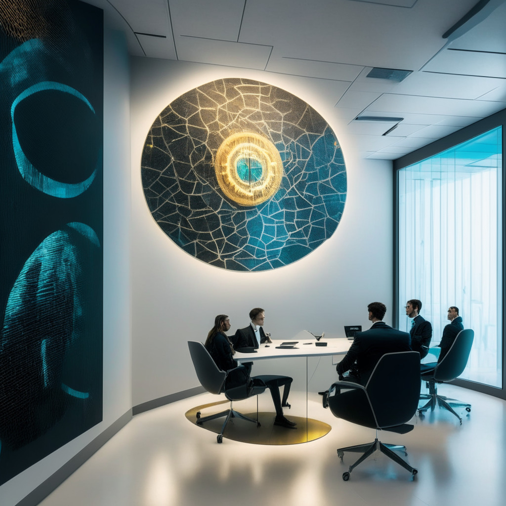 A modern, multi-disciplinary office space flooded with soft, ambient light, where a number of financial advisors are engrossed in deep discussions and research around crypto currency. The air is thick with intrigue and anticipation. One wall features an abstract representation of a crypto coin. In the center, a sophisticated, holographic display projects fluctuating crypto market trends, casting a subtle futuristic glow. The mood is a paradoxical blend of caution and excitement, capturing the volatile ambience of the crypto sphere. Artistic style should be a blend of realism and abstract surrealism, highlighting the traditional yet innovative nature of the subject.