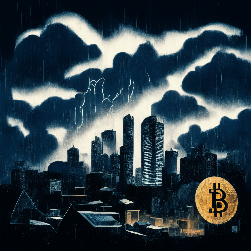 Depiction of an ominous storm gathering over a surreal cityscape, lit by a glowing solana and bitcoin. Use a mix of post-impressionistic and modern art style to convey financial turmoil. Mark rooftops with symbols of different cryptocurrencies. Cast an air of uncertainty with mottled, moody shades of gray and mercurial light, subtly signifying a whirlwind of bankruptcy. Imbue the scene with a sense of pending large-scale liquidation, ripples spreading across a turbulent sea, hinting at the twist and turns of digital market.