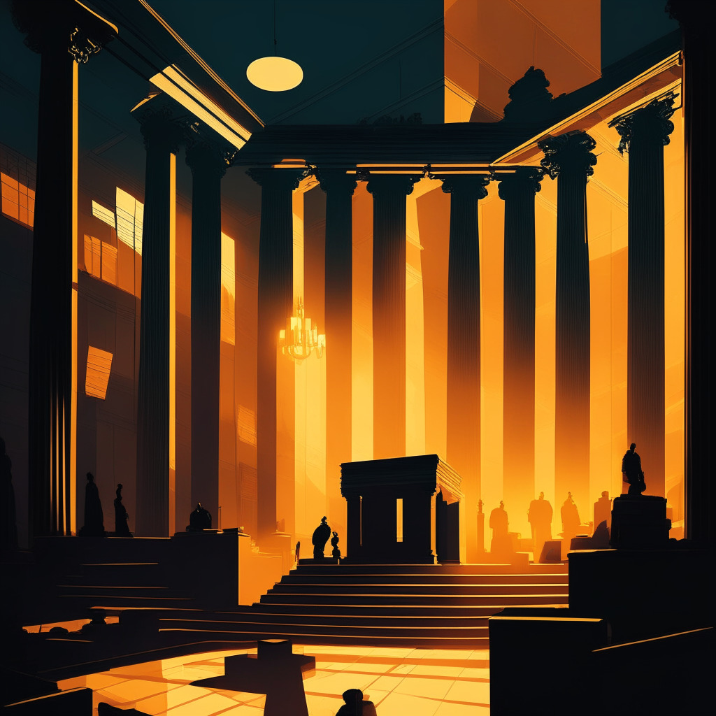 Dusk-lit courtroom, pantheon of justice symbols, subtle silhouette of a vibrant Bitcoin emerging victorious. Steely hues convey regulatory tension, golden accents hint at potential opportunities. A distinct Cubist style indicating uncertainties, somber mood reflecting market volatility.