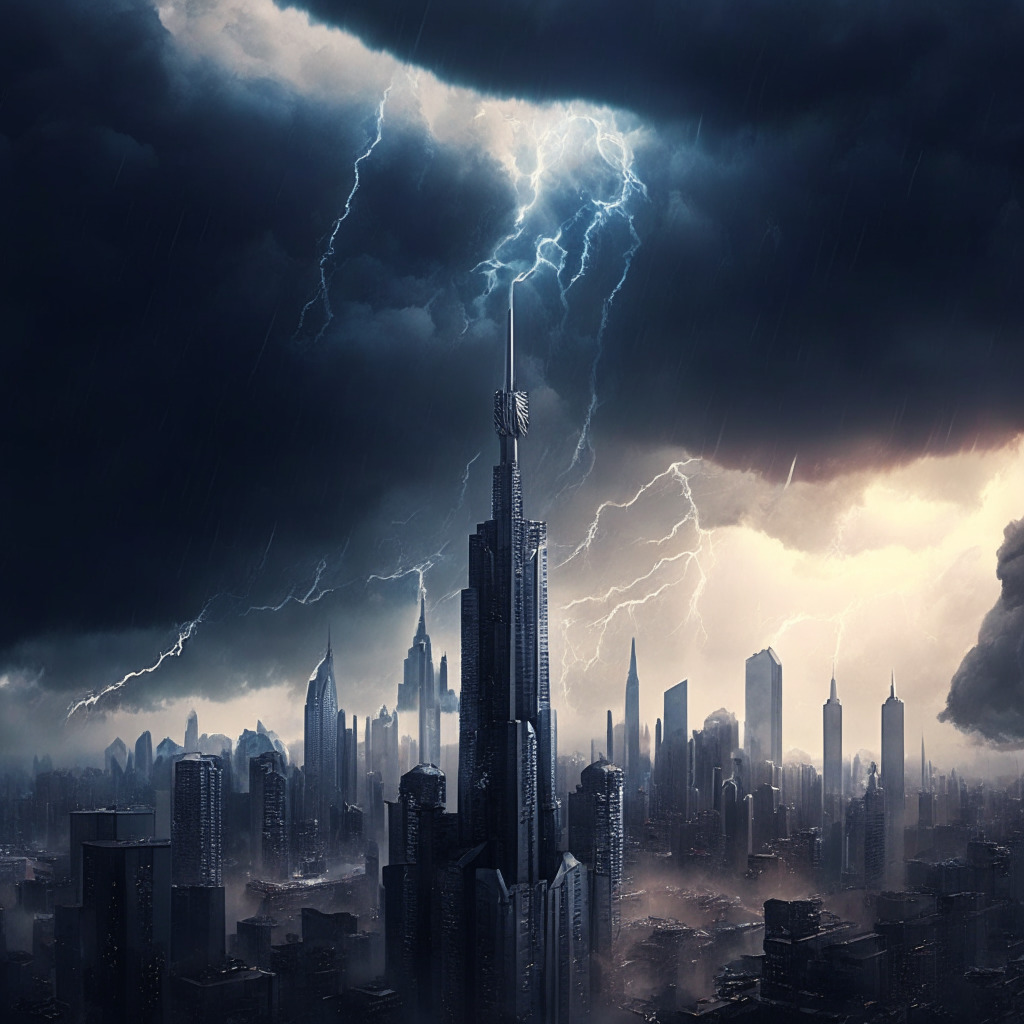 Rising storm over a futuristic cityscape, symbolizing the brewing trend in Ethereum futures ETFs, skyscrapers acting as numerous competing entities, lining for rollout, with dominant buildings denoting Valkyrie and Volatility Shares, under a looming grey cloud representing US Government shutdown concerns, casting dramatic and uncertain shadows, a palpable sense of urgency, anticipation, and spirited competition fills the air, with the skyline illuminating a hint of opportunity and uncertainty on the horizon.