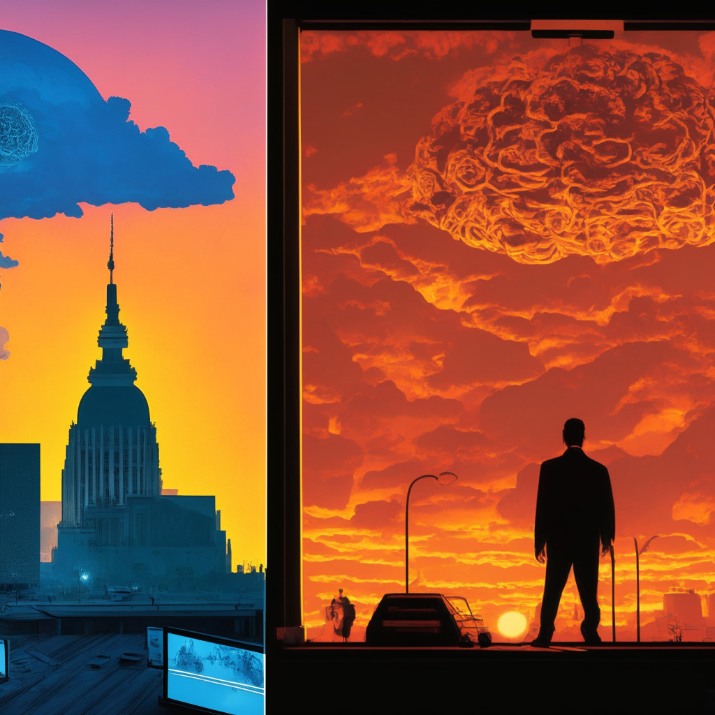 A split-screen visual representing the division in Congress over the proposed CBDC Anti-Surveillance Act. On the left, a bustling digital currency metropolis lit with neon glow, symbolizing innovation and security. On the right, a Norman Rockwell-style depiction of personal privacy, enveloped in warm, comforting sunset hues, suggesting liberty. Above, a looming cloud exuding uncertainty envelopes the scene, capturing a sense of anticipation and apprehension.