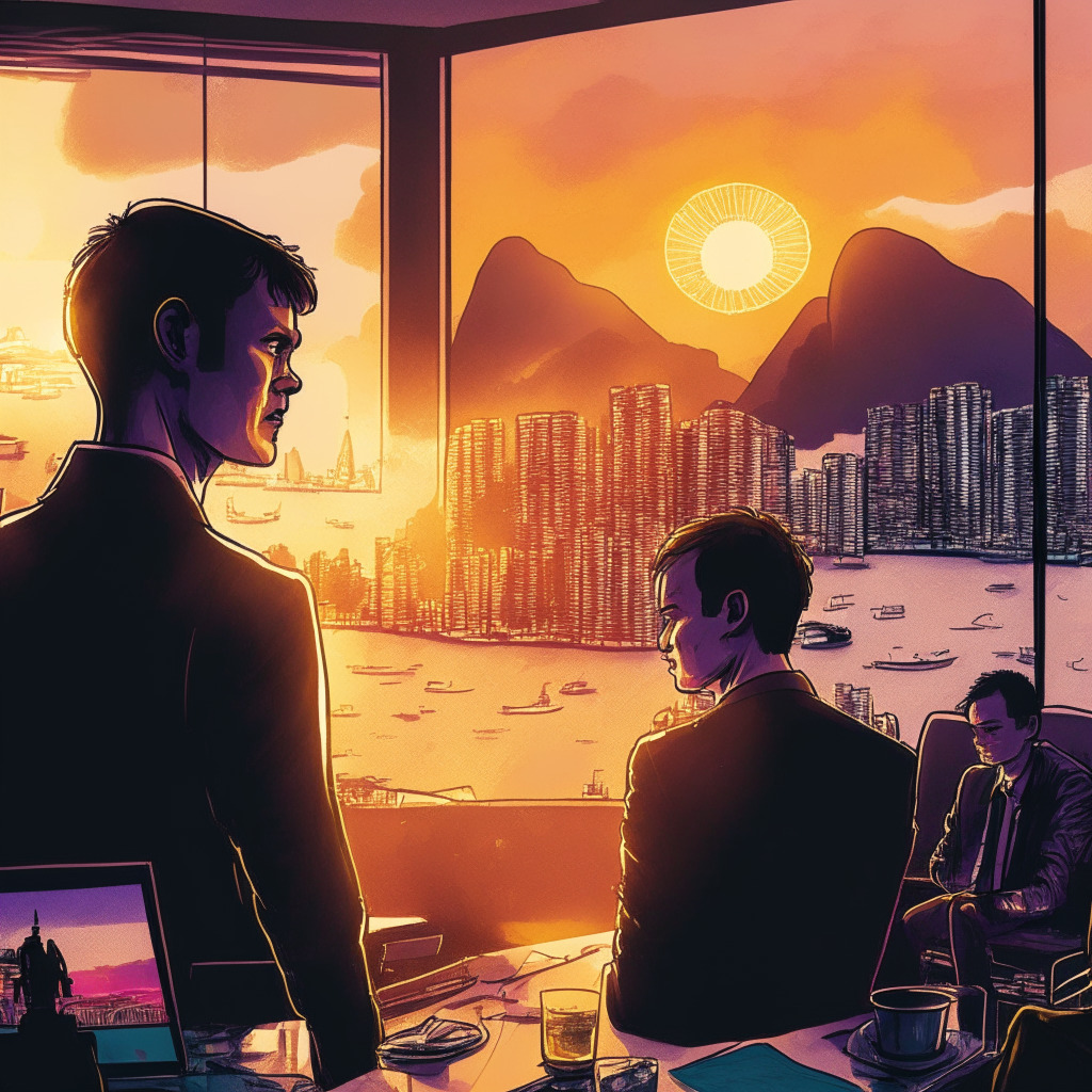 A vibrant contrast of Hong Kong's cityscape under the glow of a setting sun, Ethereum co-founder Vitalik Buterin engaging with a legislator in a tech-laden conference room. Switch to German backdrop, showcasing a dynamic scene of bustling crypto investment amidst a gloomy global market. Blend elements of realism with abstract, encapsulating the allure and uncertainty of crypto-regulation, hint of melancholic optimism.