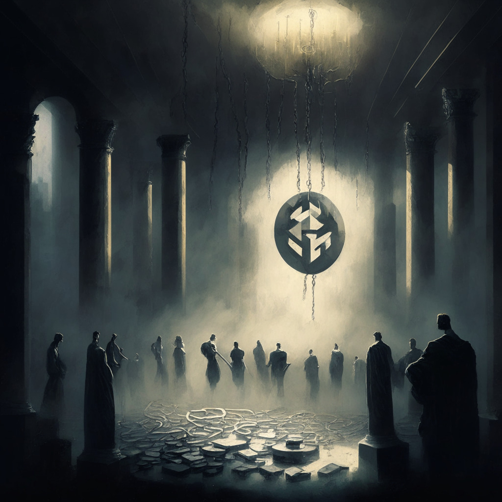 A dark, neoclassical style painting depicting the metropolis of decentralised finance, bathed in a hazy mix of uncertainty, exposed by a flickering spotlight. The Ethereum symbol is bound by rustic chains signifying constraints on validators, set against a promising dawn. Figures representing investors stand in shadows highlighting potential vulnerabilities, while creative hackers lurk in unseen corners. An incomplete bridge symbolises the delicate balancing act of innovation and security.