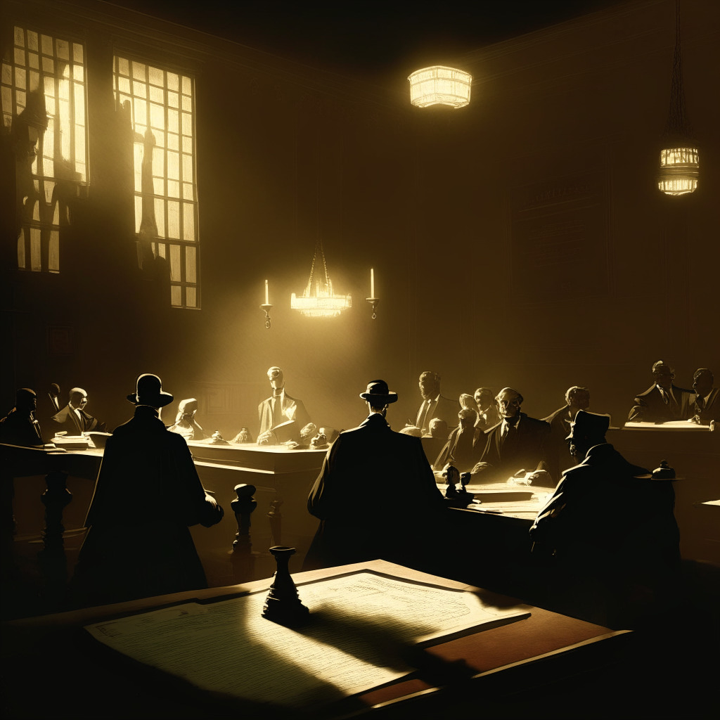 A nineteenth-century courtroom scene, with shady figures representing SEC officials in the background, signifying secrecy and delay. The foreground is lit up, showcasing a shiny Bitcoin ETF document on a mahogany table, evoking anticipation and uncertainty. Use of chiaroscuro light settings to highlight the stark contrast of eagerly awaiting investors and the inherent risk. A mild sense of gloom to represent the potential danger to crypto foundational ethos.