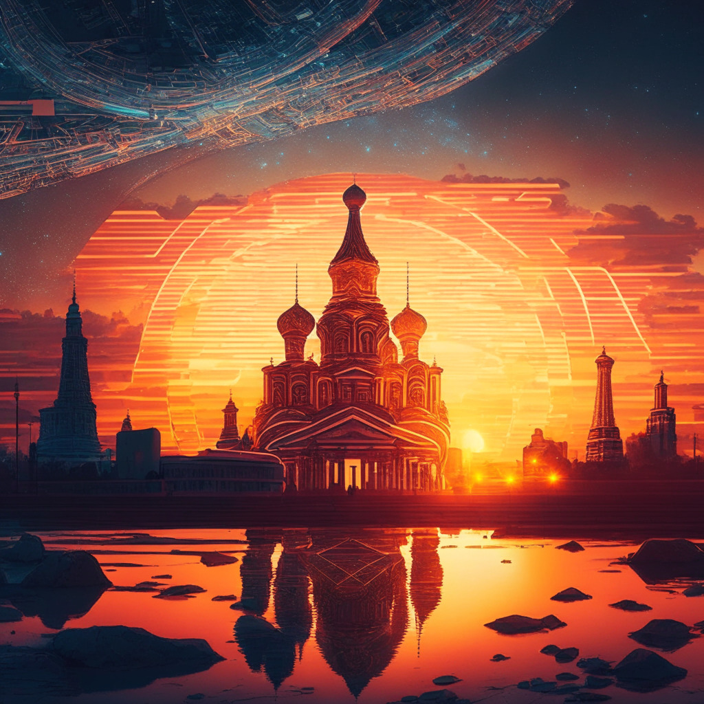 Sunset-light over a digital Ruble amidst a changing landscape, hint of blockchain traits, Traditional Russian buildings being replaced by sleek, futuristic architecture, Muted tension between old and new symbolizes contention, A serpentine line of people, moving from a traditional bank to a digital portal, Galactic starry night sky signifies the international impact of digital currency.