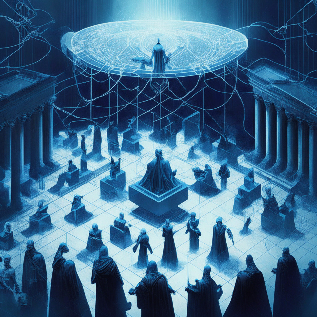 A vision of an Ethereum Supreme Court, humans serving as arbiters in a network landscape. Depict a hierarchical system of on-chain courts, akin to real-world judiciaries. Elements of security crises or hacks disrupting the scene, suggesting the need for chain forks. The scene carrying a solemn, formal mood with hues of ethereal blue, bathed in soft, diffused light.