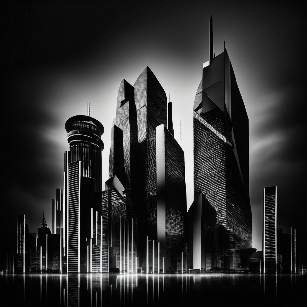 Monochrome image, style reminiscent of Expressionism, representing digital transformation in European financial sector. Depict a futuristic, yet sophisticated, cityscape under twilight, blend of traditional and neo-futuristic architecture symbolising the balance between innovation and stability. Dominant motif: a digital euro piece, imbued with light reflecting monetary sovereignty. Sense of anticipation, mild tension evident.