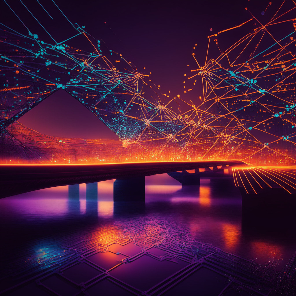 An intricate, dramatic depiction of multiple parallel bridges made of glowing, coded matrices in a twilight ambiance. Art concept of vibrant and contrasting colors, evoking tension and cautious optimism - embodying blockchain networks. Infused with the energy of change and metamorphosis, with subtle signs of resistance and collaboration, illuminated by the soft afterglow of a digital dawn.