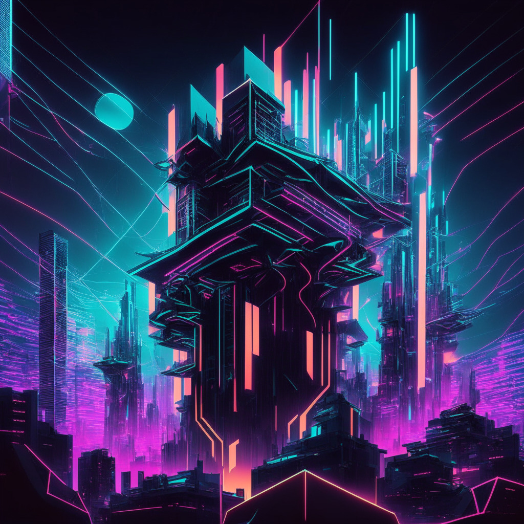 Futuristic cityscape representing a thriving crypto world, Polygon Labs as towering buildings under construction signifying Polygon 2.0 development. Ripple Labs with extended tendrils, symbolizing expansion. Flickering neon light illuminating faces representing critics, legislation challenges and supporters, all in a visage of suspense and anticipation. The overall image infused with a cyberpunk art style, encapsulating a dramatic, ambiguous atmosphere.