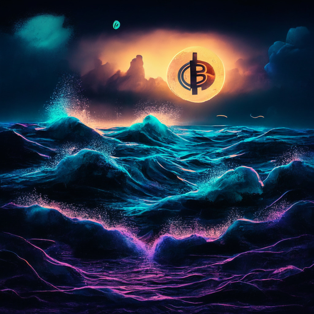 A digital landscape at twilight filled with cryptocurrency symbols, ApeCoin sinking into a dark abyss of the market's rough sea signaling overselling & depreciation, creating a gloomy atmosphere. Emerging from the ocean's mist, a thriving SONIK Coin in vibrant colors vibrates energy, symbolizing hopeful potential, rising on a soaring, playful wave. A concept of volatility, struggle, & growth displaying distinct chiaroscuro & textural details.
