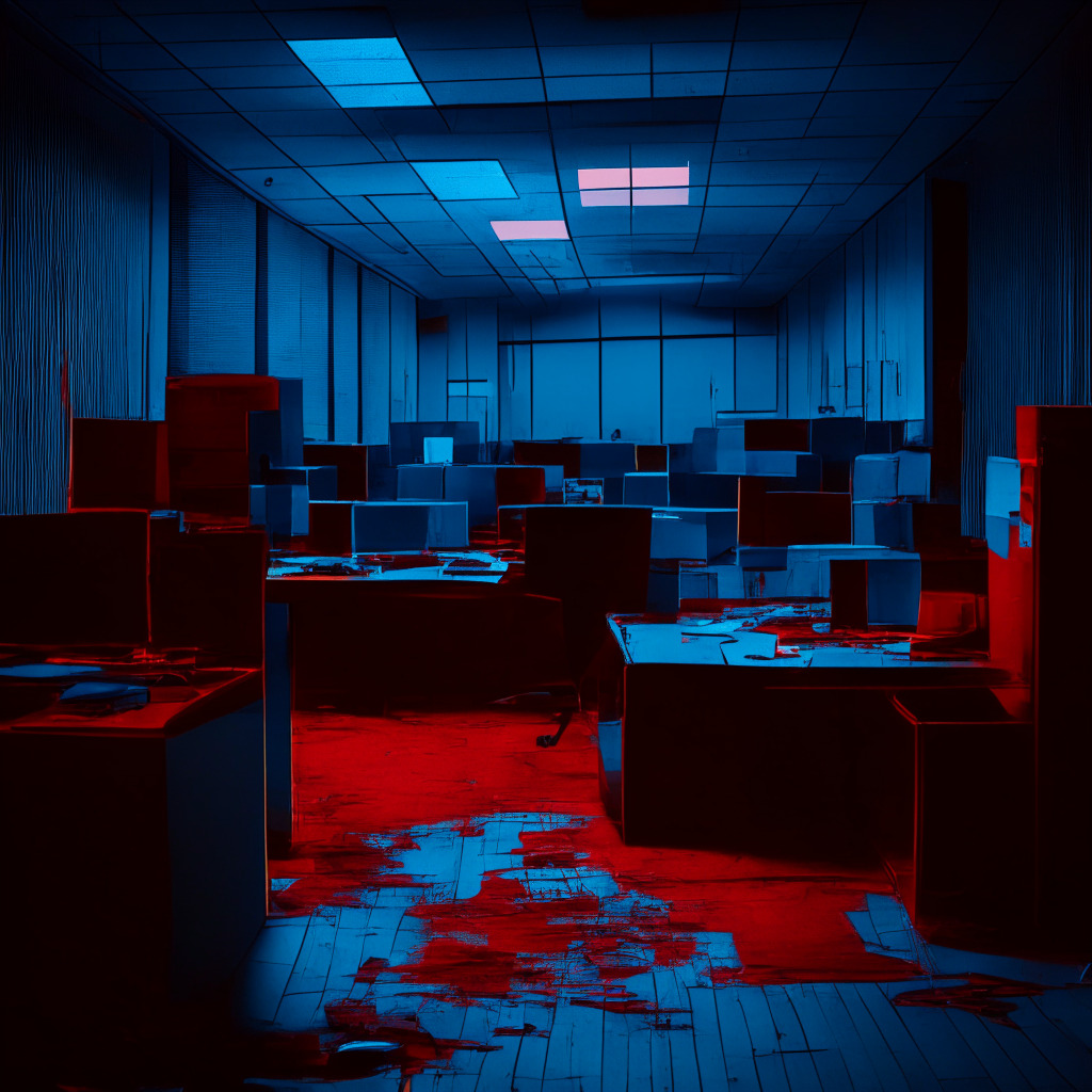 A deserted office with signs of rapid evacuation, in pale, cool blue lighting suggestive of a crypto lender in distress. A ghostly image of a blockchain painted in intense crimson and gold rises from a computer screen showing the cessation of transactions, expressing high-risk and potential danger. The mood is tense and ominous. Strewn papers symbolize the legal onslaught and massive liabilities, while a half-packed cardboard box indicates an untimely exit. A brass scale sits prominently on the desk, tilted towards 'risk' representing legal allegations and massive fines. Through a large window, there's a view to a bleak landscape acquiring the shape of a frozen bank account. Finally, an evocative sunset casting long, dark shadows suggests both the company's fall and the uncertain future of blockchain revolution.