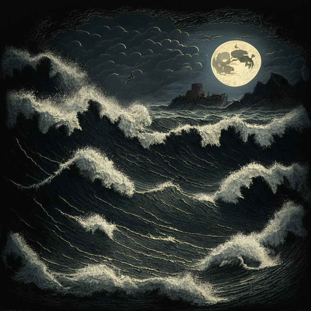 Dark, stormy seascape with cresting waves, symbolizing Pepecoin's turbulent market. Sharp descent of a golden coin, plunging into the sea, illustrating the steep drop in value. Fearful, misunderstood citizens on the shore, showcasing the apprehensive community. A bear looming over the scene, representing the bearish market trends. In contrast, a bright moon (LUNA) ascends in the murky sky.
