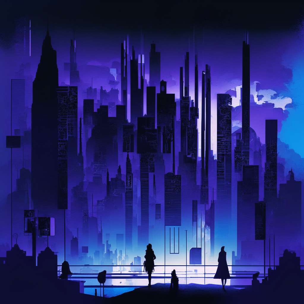 Sketch a surreal, futuristic cityscape at dusk bathed in an ominous blue and purple glow. Gauzy silhouettes of individuals, distinct but unidentifiable, engage in interactions. Incorporate abstract representations of cryptographic symbols, binary codes, anonymous masks, subtly hinting at the theme of crypto authentication and privacy. Infuse a slightly unnerving, contemplative mood, capturing the tension between advancing technologies and privacy concerns.