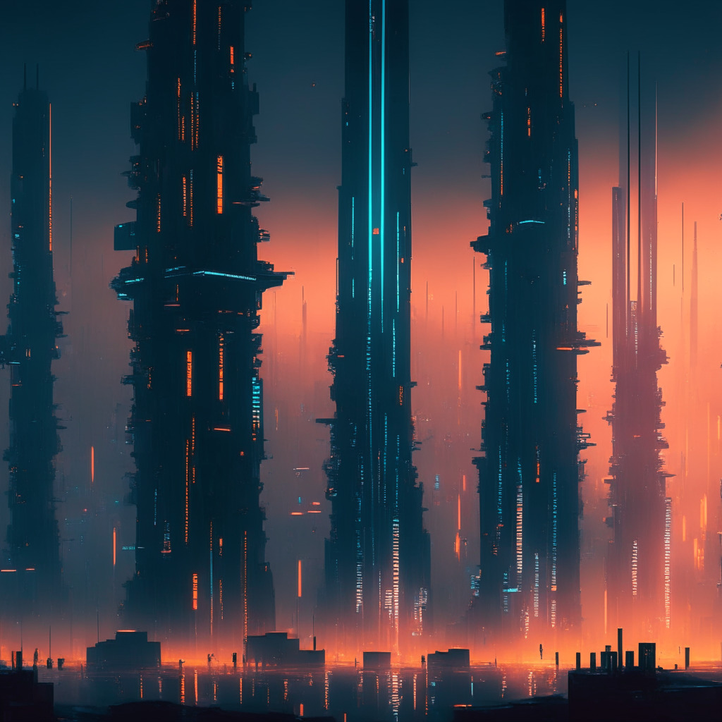 An expansive, futuristic digital cityscape at dusk, styles inspired by the Blade Runner aesthetic, bathed in rich cybernetic hues. Towers brimming with abstract binary codes, signifying blossoming cryptos. Centre, symbolic Bitcoin futures contracts, delicately suspended. Gentle reflective light from illuminated advanced networks reveals anticipation, potential risks, significant developments in one captivating frame.