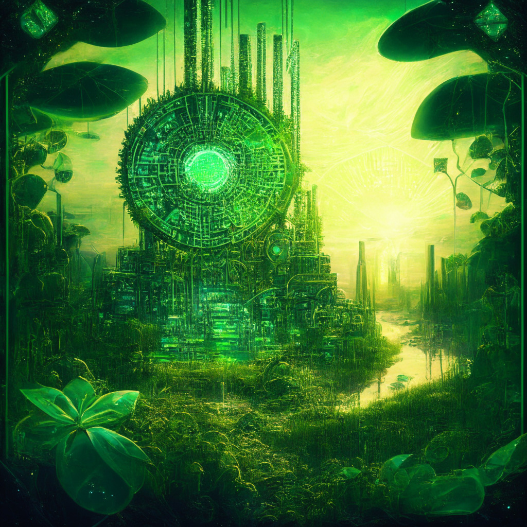 Highly intricate image amalgamating the themes of sustainability and cryptocurrency, rich in earthy greens and shimmering metallics. A futuristic crypto mining farm, powered by wind and solar energy, glowing under the crisp light of a dawn implying a fresh start. The mood is hopeful and transformative, with a touch of Monet's Impressionist style to underscore the mix of technology and nature.