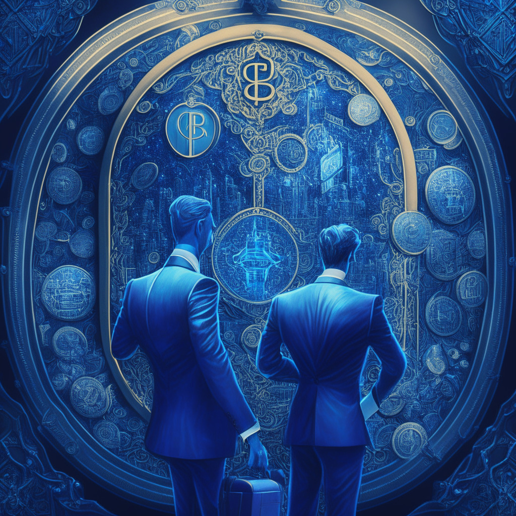 An intricately detailed financial cosmos: spotlight on Ethereum coins draped in the suggestive deep blue of potential, bespoke suits and briefcases in the background hinting at the world of investment enterprises. Art Nouveau style, crisp light illuminating the pivotal Ethereum coins, subtly infusing optimism, anticipation in the air.