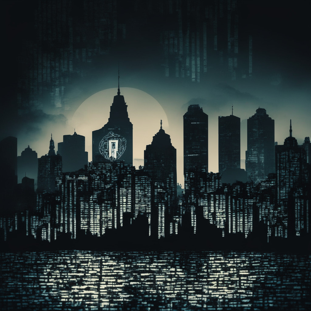 An image capturing the tension between governmental oversight and cryptocurrency exchanges, A dusky cityscape of London, the epicenter of the predicament, with looming shadows indicative of the stringent regulations, In the foreground, digital symbols signifying cryptocurrency exchanges appear to be in the process of shutting down or transforming, Artistic style: chiaroscuro to depict the high contrast situation, Mood: apprehensive and uncertain.