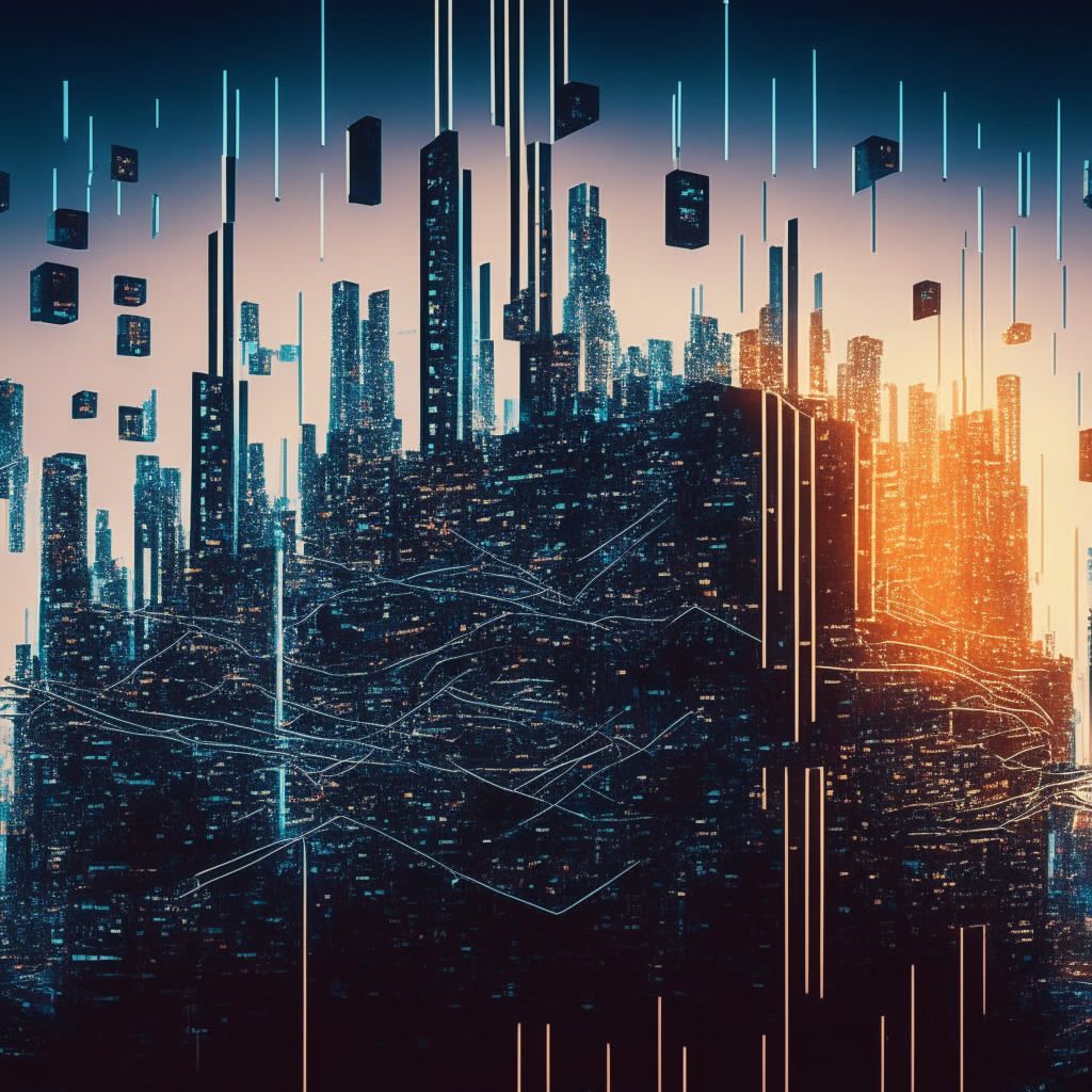An abstract vision of a revolution in the financial world, led by asset tokenization. Capture a brooding skyline filled with towering digital 'tokens', symbolizing the enormous estimated real-world assets. Use a futuristic aesthetic, with technical complexities represented by intertwined circuit lines and blocks, indicating blockchain technology. Evoke a mood of anticipation as dawn breaks, portraying the ushering in of a new digital era in finance.
