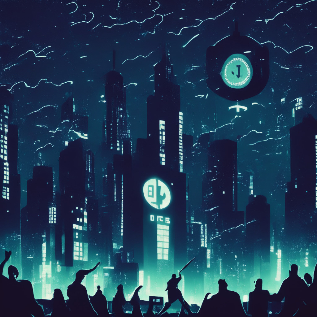 A dim-lit, neo-noir styled scene of a bustling futuristic city at nighttime, with numerous Ethereum tokens soaring towards the sky representing Ethereum futures ETFs. The imminent launch is depicted by a large, vintage style countdown clock hitting zero. In the foreground, shadowy figures visualize looming U.S. government shutdown and regulatory complexities, spread tension and doubt. Mood is anticipatory, bordering on apprehensive.