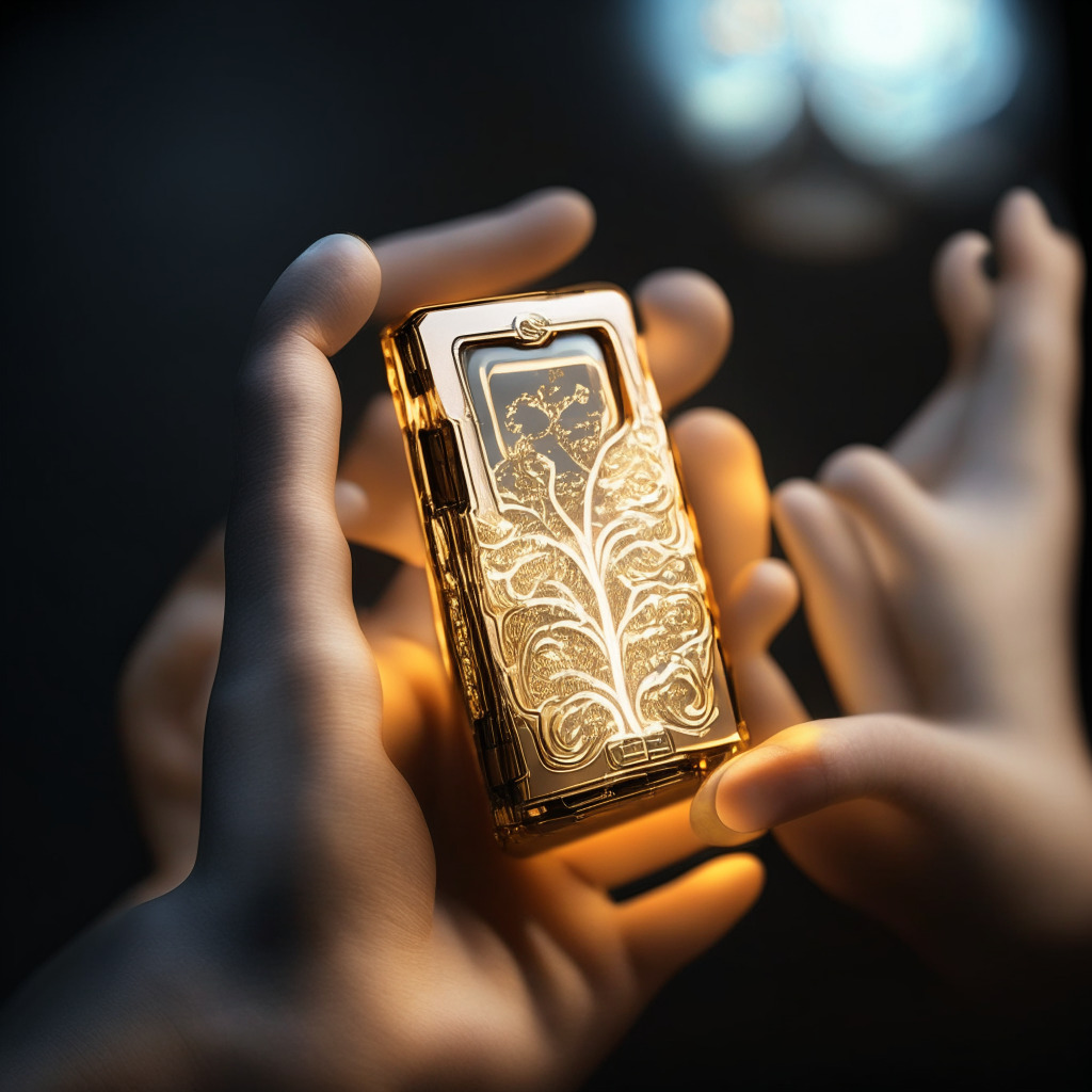 An illustrated scene of a futuristic pocket-sized device, delicate in design and gleaming with a metallic glow, nestled in the palm of a hand. Illuminate it by warm, clear light, displaying micro details and intricate technology. Add an artistic touch of impressionistic style to reflect its revolutionary nature. The mood should be hopeful, epitomizing anticipation of a transparent and inclusive Bitcoin mining future.