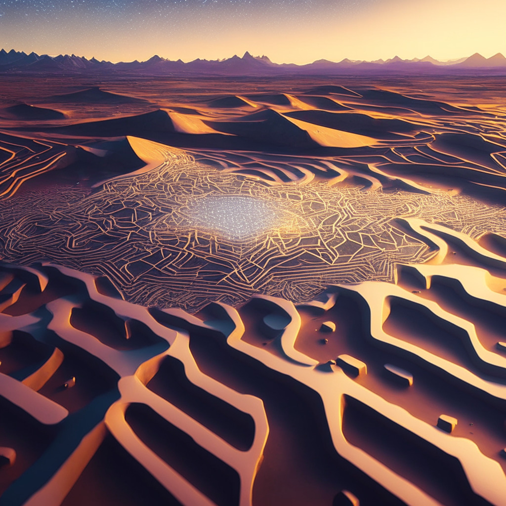 A sweeping, expansive digital landscape illuminated by the soft glow of dawn light. In the foreground, a futuristic Ethereum symbol constructed from shimmering lines of zero-knowledge proof puzzles sits grandiosely, its high-tech form sharply contrasting against the raw, natural world. The ground below, characterized by intricate patterns of lines and clusters, foreshadows a wave of proto-danksharding impact. The distance holds gently ascending mountains, each peak meticulously orchestrated to represent the potential drop in transaction costs, bathed in an aura of alluring mystery. Pervading sense of anticipation, the air heavy with promise of change and progress.