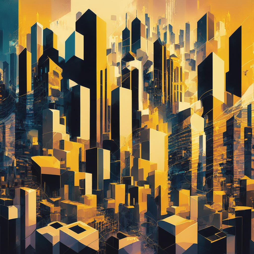 A digital painting in the style of cubism, depicting a bustling metropolis mixed with tangible assets like gold, real estate, and treasuries merging with vibrant, semi-abstract blockchain iconography. The city, dipped in soft twilight hues, pulsates with a hive of activity hinting at opportunity and efficiency. The scene mirrors the versatile dynamics of market fluctuation, bringing a realistic yet surreal mood to the setting.