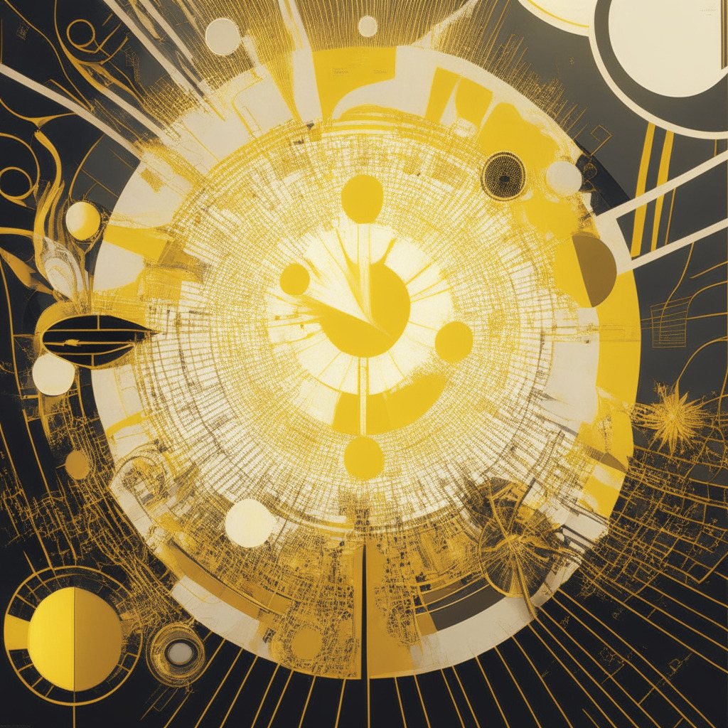 Digital representation of a grand symphony, inspired by an abstract expressionist style, with dominant hues of gold and silver. Depict elements of Bitcoin, Ether, Xrp, and Solana, playing their part in a tumultuous crypto orchestra. The advancing sun to represent the European market's rise. A crypto barometer indicating fluctuations and dual representations of peaks and dips. A persistent bear charting a path through the scene signifying bearish trends. Mood is of an uncertain future.