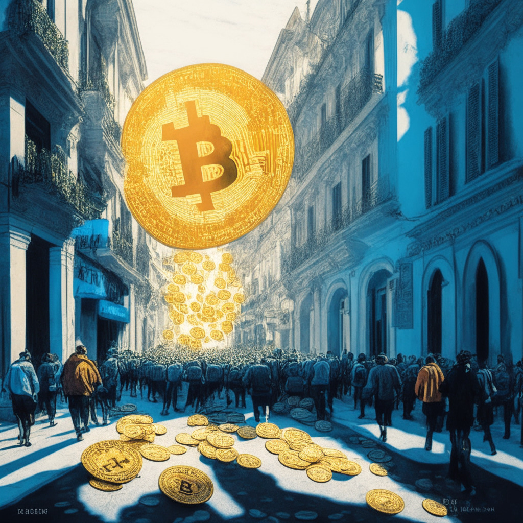 Depiction of an inflation-plagued Argentina, streets filled with Argentine Pesos, symbolizing the soaring inflation. In the forefront, place Bitcoin, radiant, alluding to its evolving presence in the economy. Use a monochromatic scheme for the pesos contrasting with vivid colors for Bitcoin. Set in evening light, manifesting a mix of uncertainty and hope.