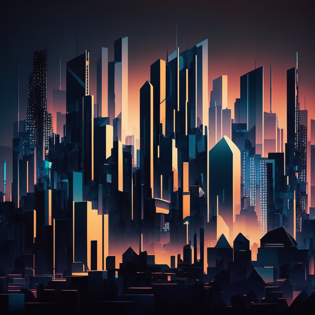 An abstract financial landscape at twilight, housing virtual buildings representative of AI, cryptocurrency, and financial institutions. Chiaroscuro lighting accentuates the stark divide - the glow of innovative AI and crypto structures, and the shadowed traditional institutions. A futuristic skyline in bold, psuedo-cubist style hinting at uncertainty and paradox, yet teeming with intrigue and potential.
