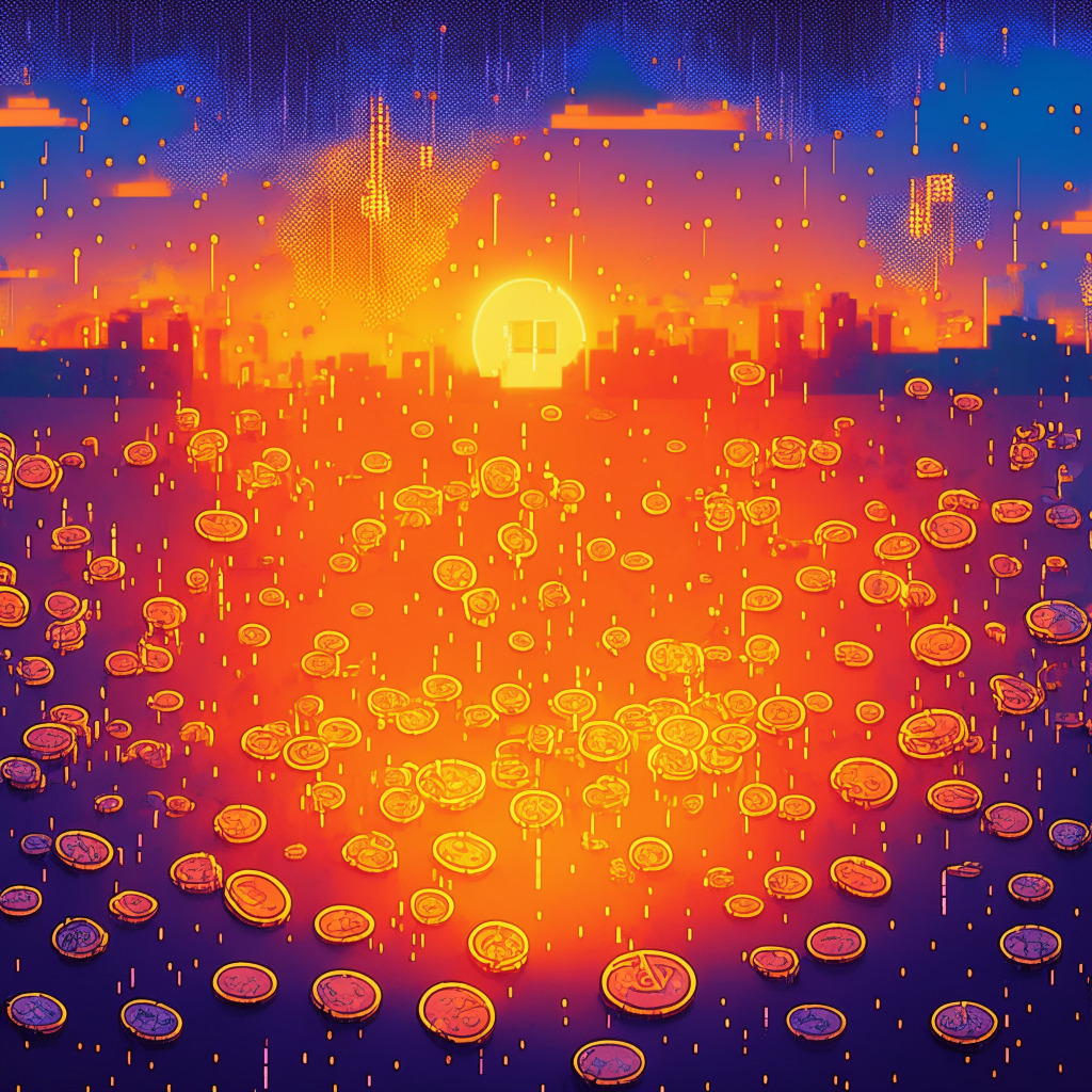 An evening scene with stylized, pixel-art style blockchain tokens raining down from an orange sunset sky on a network of interconnected, glowing blue wallets. Mood is optimistic, denoting growth and community engagement. Tokens are significantly detailed, representing the OP tokens, cascading without appearing chaotic. Light from the setting sun gives tokens a glistening look, highlighting their importance.