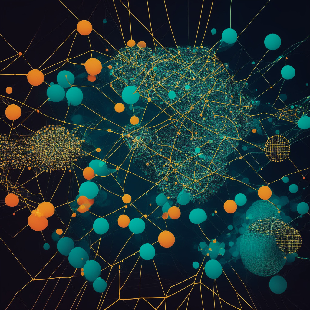 An abstract digital scene in precise forms and cool colors, depicting a network of nodes symbolizing Ripple's blockchain remittance expansion in Southeast Asia, with the nodes representing countries like Vietnam, Indonesia, and the Philippines. Light emanating from the nodes, creating a sense of dynamic growth and spreading influence. Set against a dark background for contrast and depth, symbolizing the uncertainty and skepticism around cryptocurrency. Mood is one of cautious optimism, echoing the pioneering spirit of SBI Group and Southeast Asia's adoption of cryptocurrency for remittance.