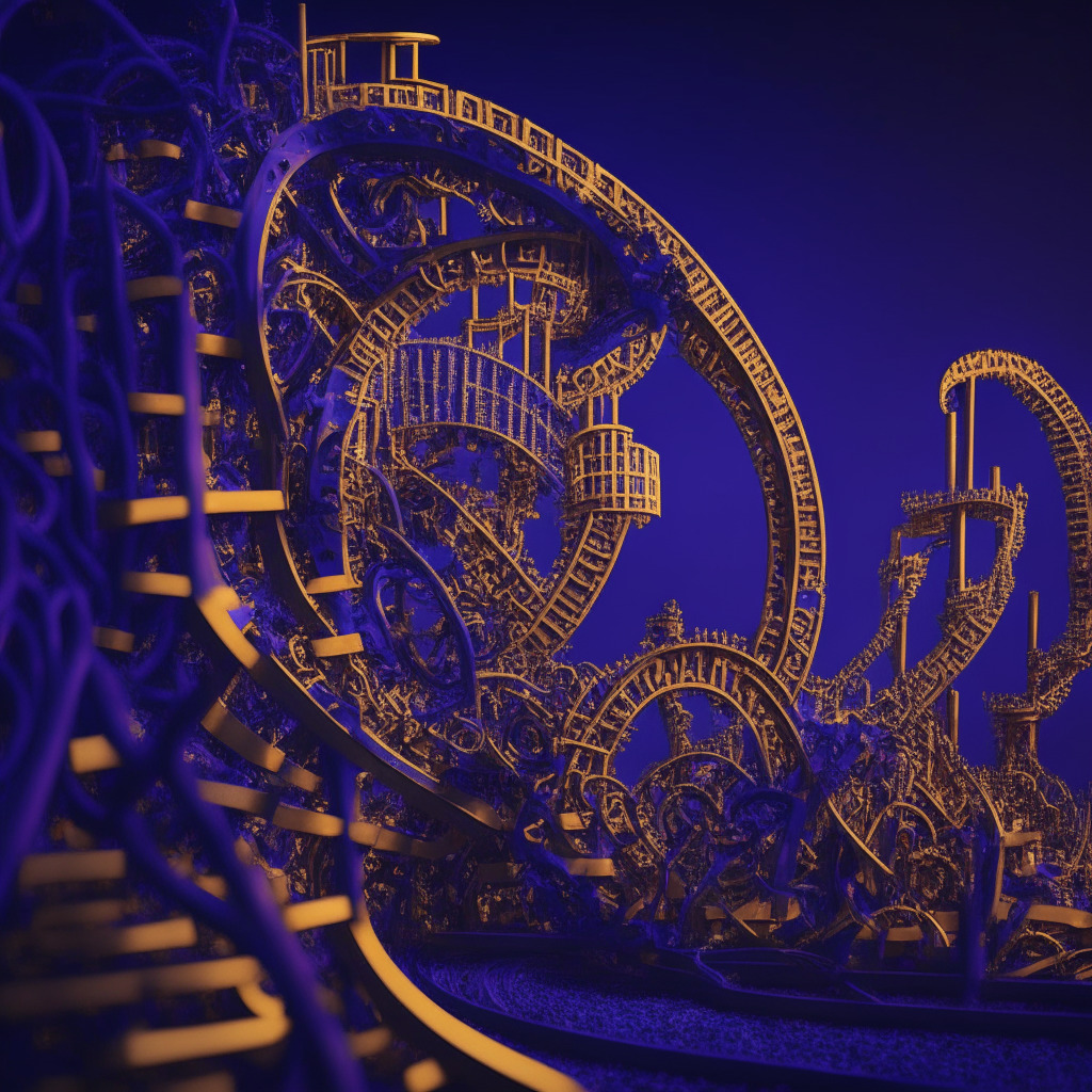 A golden rollercoaster rising and falling against a complex network of blockchain lines, the tracks interwoven with coins and meticulously crafted gears. The setting--like twilight, with hues of blue and purple illuminating the eerie and mystifying scene. Low light, with high contrast shadows playing upon the weathered brass-finish of the rollercoaster and the worn stone textures representing the struggles and exploits of decentralized autonomous organizations within the labyrinth of blockchain. The mood is intense, reflective of the caution, risk, anticipation, uncertainty, and exhilarating promise of the evolving DAO landscape. This image is symbolic: the rollercoaster's wild ride parallels the thrilling and turbulent journey of these DAOs, their triumphs, failures and the continuous quest for balance & growth amidst decentralization.