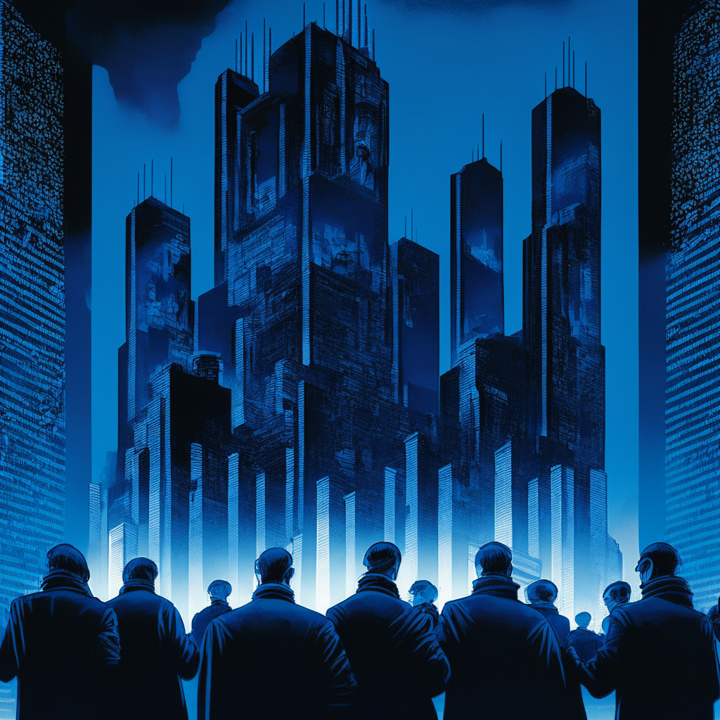 A dystopian cityscape at twilight, dominated by cobalt blue tones and ominous shadows. In the foreground, a varied group of individuals caught in beams of intrusive white light, symbolizing intense surveillance. In their hands, instead of cash, they hold holographic images of Central Bank Digital Currencies (CBDCs). The city's architecture shows hints of Brutalism, representing the oppressive government control over finance. At the edges, small, hopeful pockets of yellow-orange light embodying cryptocurrency as a beacon of financial freedom.