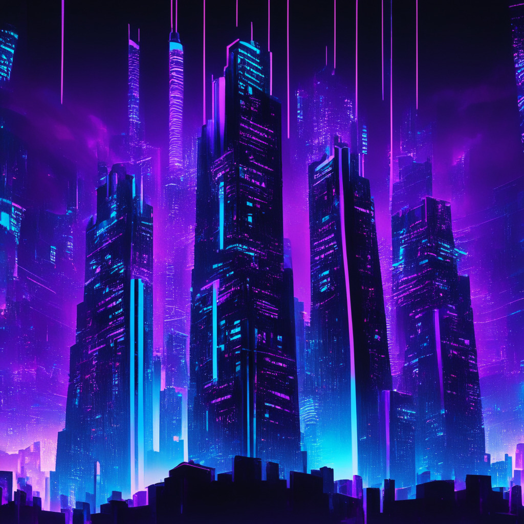 Image of a cyber-themed, neon-lit digital cityscape drenched in bold hues of blues and purples, with tall, imposing skyscrapers symbolizing the soaring market trends. Around the buildings, ghostly holographic numbers loom, representing the risky trading game. In the city center, a hologram of an imposing but volatile token representing CYBER, shrouded in intense, ethereal light, symbolizing its recent surge and investor interest. Artwork inspired by surrealist style, emitting a dystopic, futuristic vibe, hinting at both optimism and looming uncertainty.